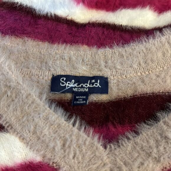 Splendid eyelash fuzzy super stretch cozy V neck fuschia/mauve stripe sweater. - Picture 6 of 7